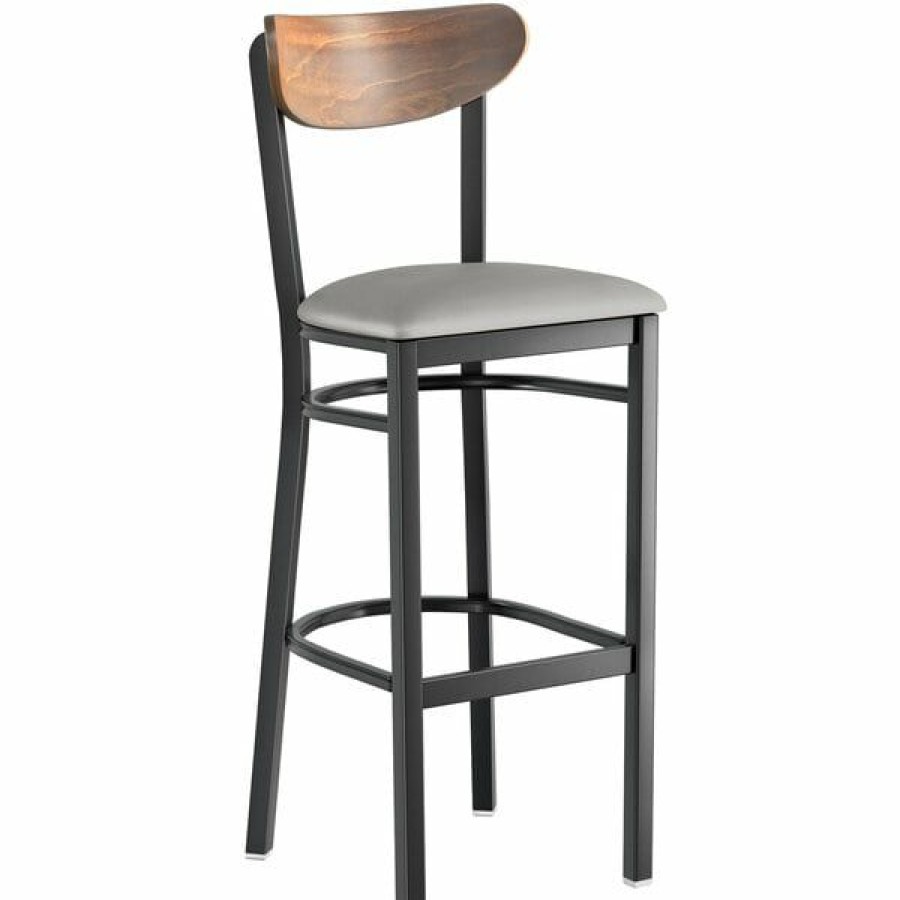 Restaurant Bar Stools * | Deals Lt&S Boomerang Series Lancaster Table & Seating Boomerang Bar Height Black Chair With Light Gray Vinyl Seat And Vintage Wood Back