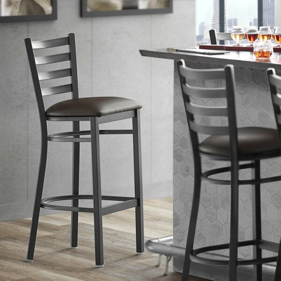 Restaurant Bar Stools * | Hot Sale Lancaster Table & Seating Black Frame Ladder Back Bar Height Chair With Dark Brown Padded Seat