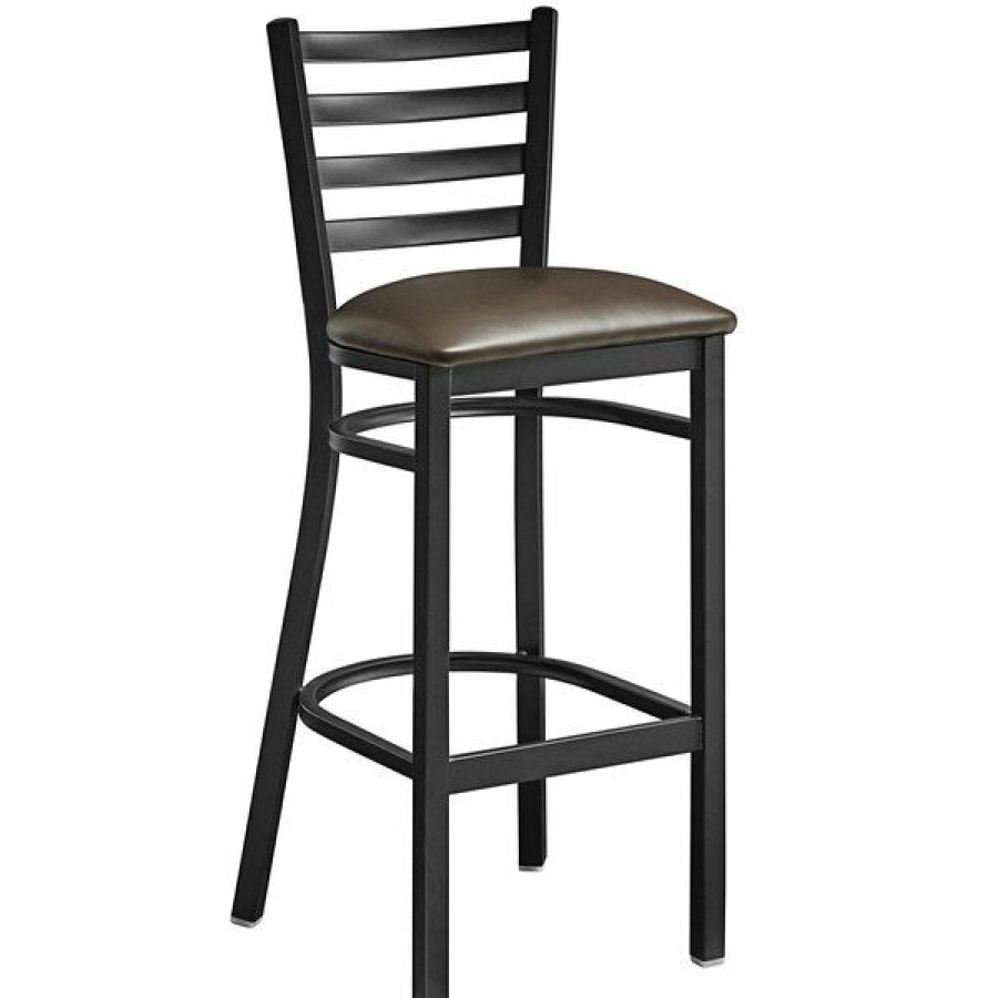 Restaurant Bar Stools * | Hot Sale Lancaster Table & Seating Black Frame Ladder Back Bar Height Chair With Dark Brown Padded Seat