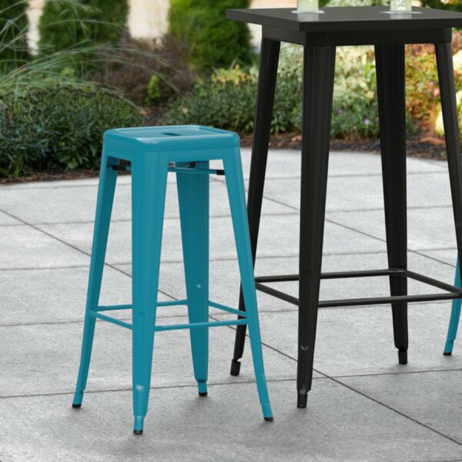 Outdoor Restaurant Bar Stools * | Cheap Lt&S Alloy Series Lancaster Table & Seating Alloy Series Teal Stackable Metal Indoor / Outdoor Industrial Barstool With Drain Hole Seat