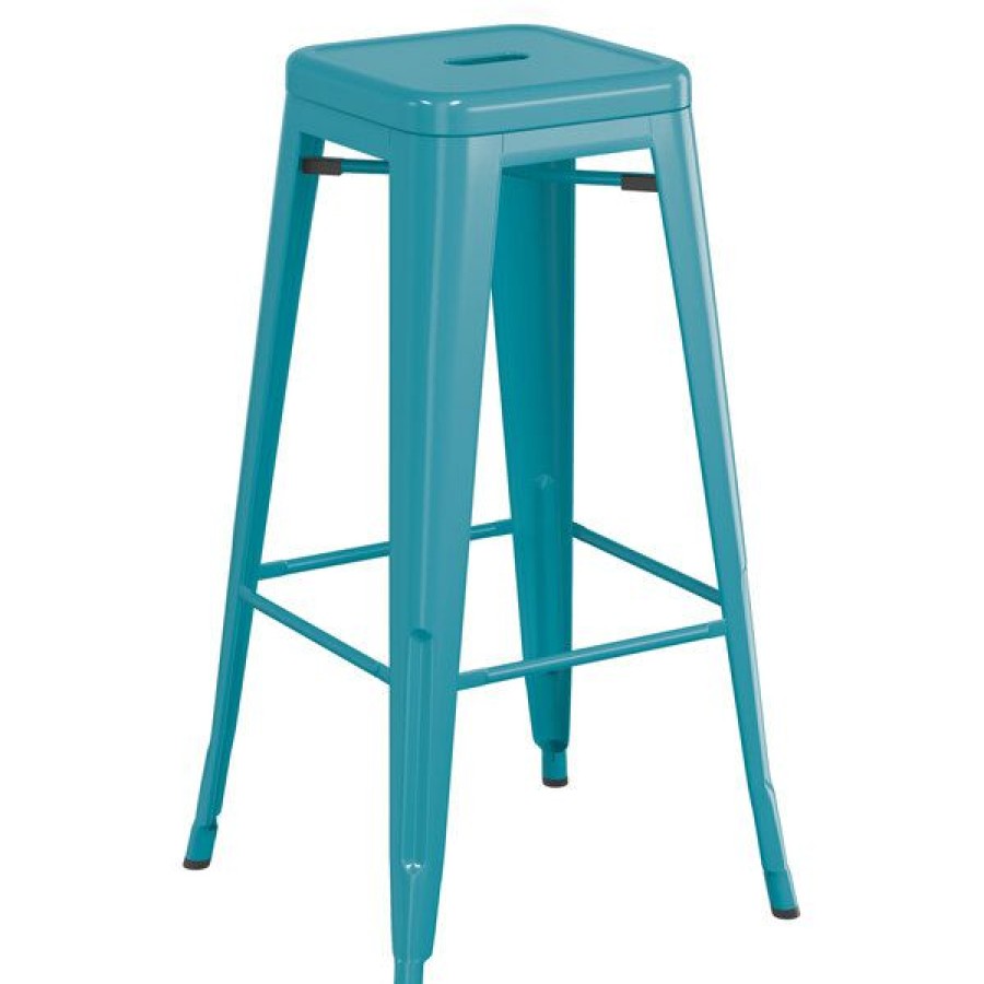 Outdoor Restaurant Bar Stools * | Cheap Lt&S Alloy Series Lancaster Table & Seating Alloy Series Teal Stackable Metal Indoor / Outdoor Industrial Barstool With Drain Hole Seat