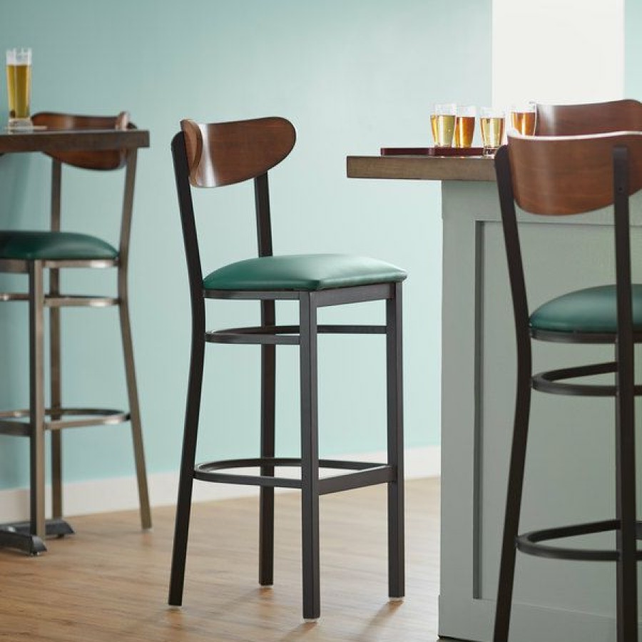 Restaurant Bar Stools * | Cheap Lt&S Boomerang Series Lancaster Table & Seating Boomerang Bar Height Black Chair With Green Vinyl Seat And Antique Walnut Back