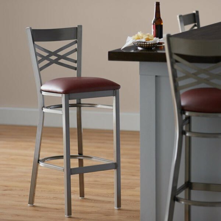 Restaurant Bar Stools * | Buy Lancaster Table & Seating Clear Coat Steel Cross Back Bar Height Chair With 2 1/2 Burgundy Vinyl Seat