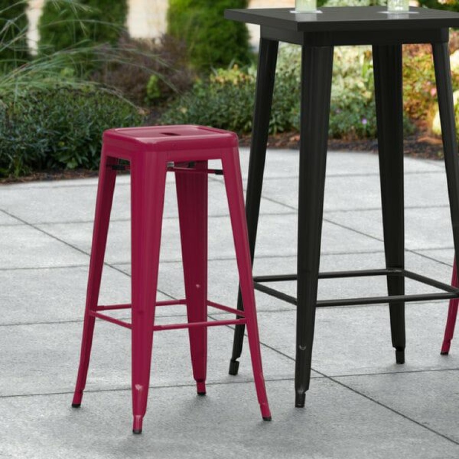 Outdoor Restaurant Bar Stools * | Wholesale Lt&S Alloy Series Lancaster Table & Seating Alloy Series Sangria Stackable Metal Indoor / Outdoor Industrial Barstool With Drain Hole Seat