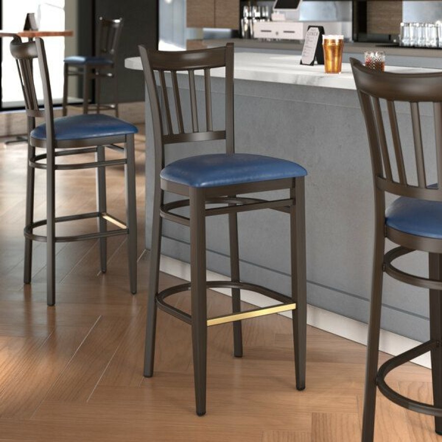 Restaurant Bar Stools * | Budget Lt&S Spartan Series Lancaster Table & Seating Spartan Series Bar Height Metal Slat Back Chair With Walnut Wood Grain Finish And Navy Vinyl Seat