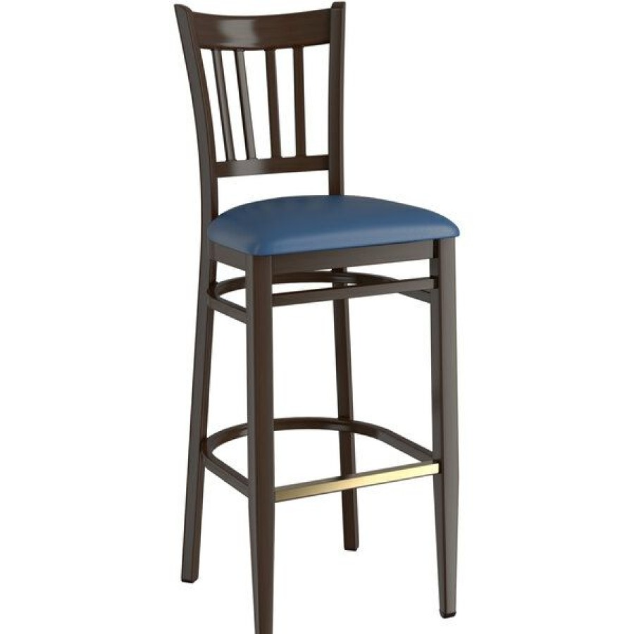 Restaurant Bar Stools * | Budget Lt&S Spartan Series Lancaster Table & Seating Spartan Series Bar Height Metal Slat Back Chair With Walnut Wood Grain Finish And Navy Vinyl Seat