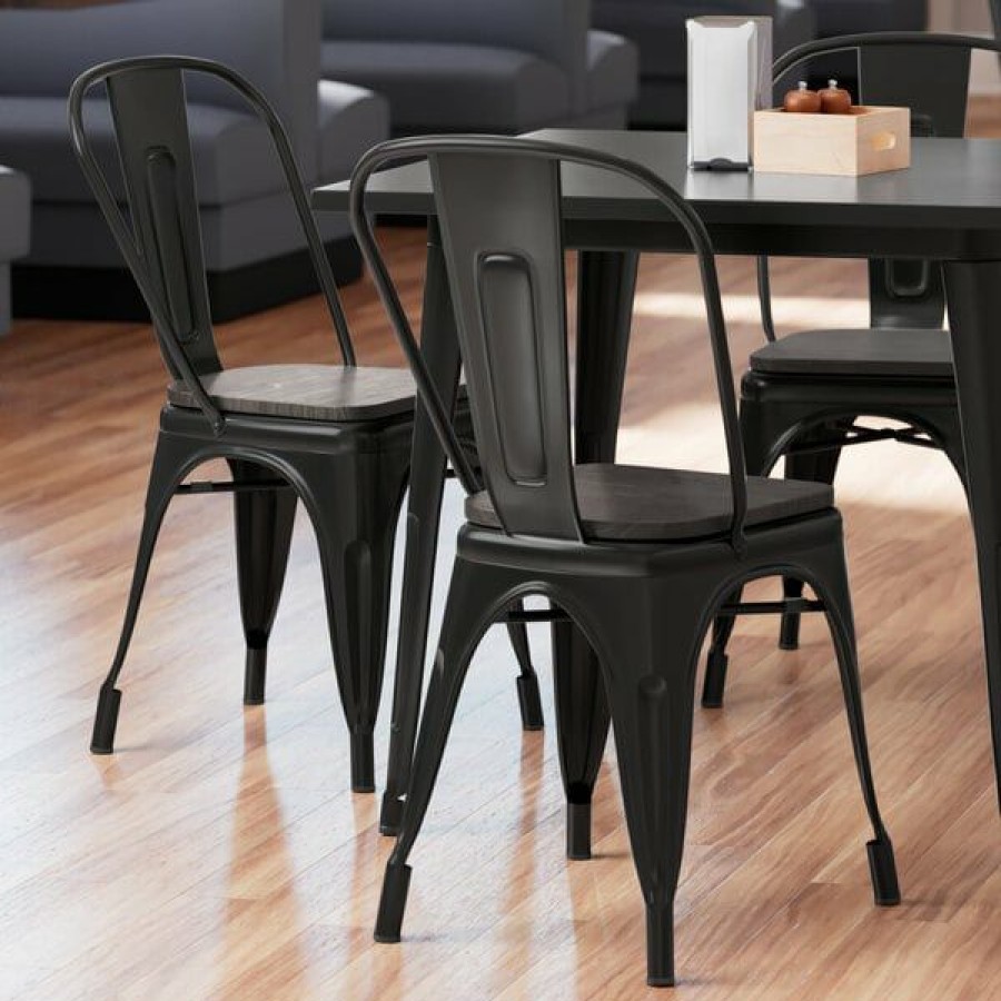 Restaurant Chairs * | Flash Sale Lt&S Alloy Series Lancaster Table & Seating Alloy Series Black Metal Indoor Industrial Cafe Chair With Vertical Slat Back And Black Wood Seat