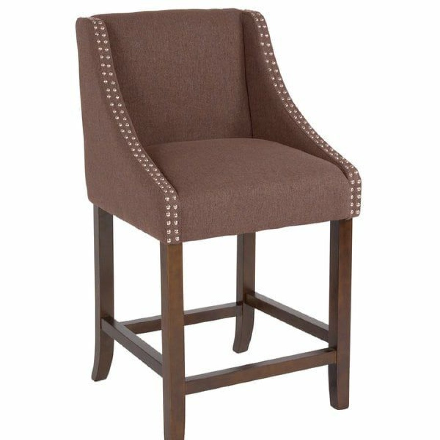 Restaurant Bar Stools * | Top 10 Flash Furniture Ch-182020-24-Bn-F-Gg Carmel Series Counter Height Stool In Brown Fabric With Walnut Frame And Nail Trim Accent