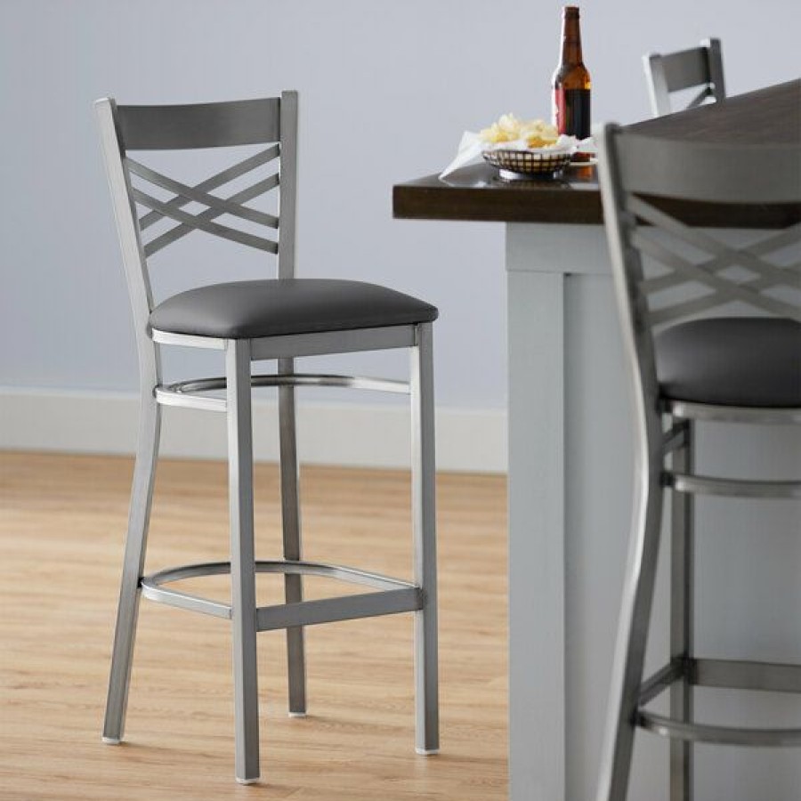 Restaurant Bar Stools * | Best Sale Lancaster Table & Seating Clear Coat Cross Back Bar Height Chair With Dark Gray Padded Seat