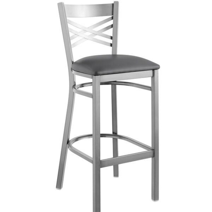 Restaurant Bar Stools * | Best Sale Lancaster Table & Seating Clear Coat Cross Back Bar Height Chair With Dark Gray Padded Seat