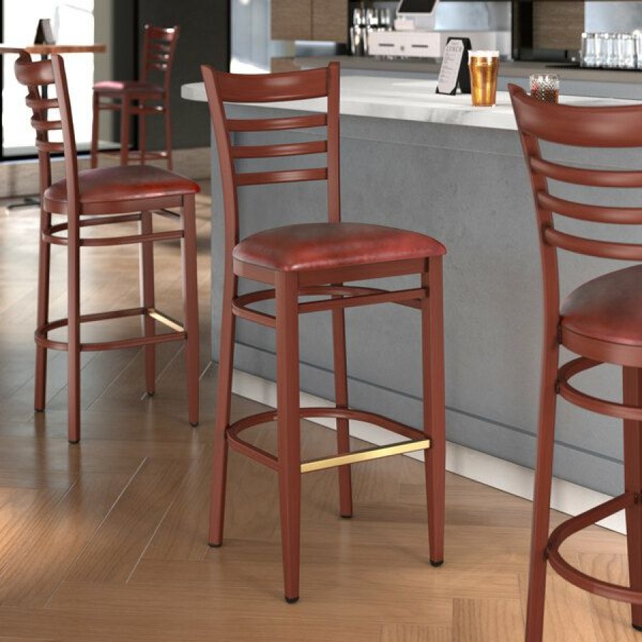 Restaurant Bar Stools * | Cheap Lt&S Spartan Series Lancaster Table & Seating Spartan Series Bar Height Metal Ladder Back Chair With Mahogany Wood Grain Finish And Burgundy Vinyl Seat