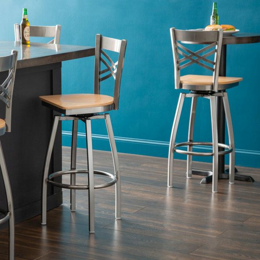 Restaurant Bar Stools * | Best Pirce Lancaster Table & Seating Cross Back Bar Height Clear Coat Swivel Chair With Natural Wood Seat