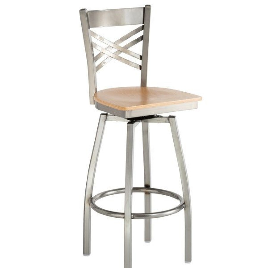 Restaurant Bar Stools * | Best Pirce Lancaster Table & Seating Cross Back Bar Height Clear Coat Swivel Chair With Natural Wood Seat