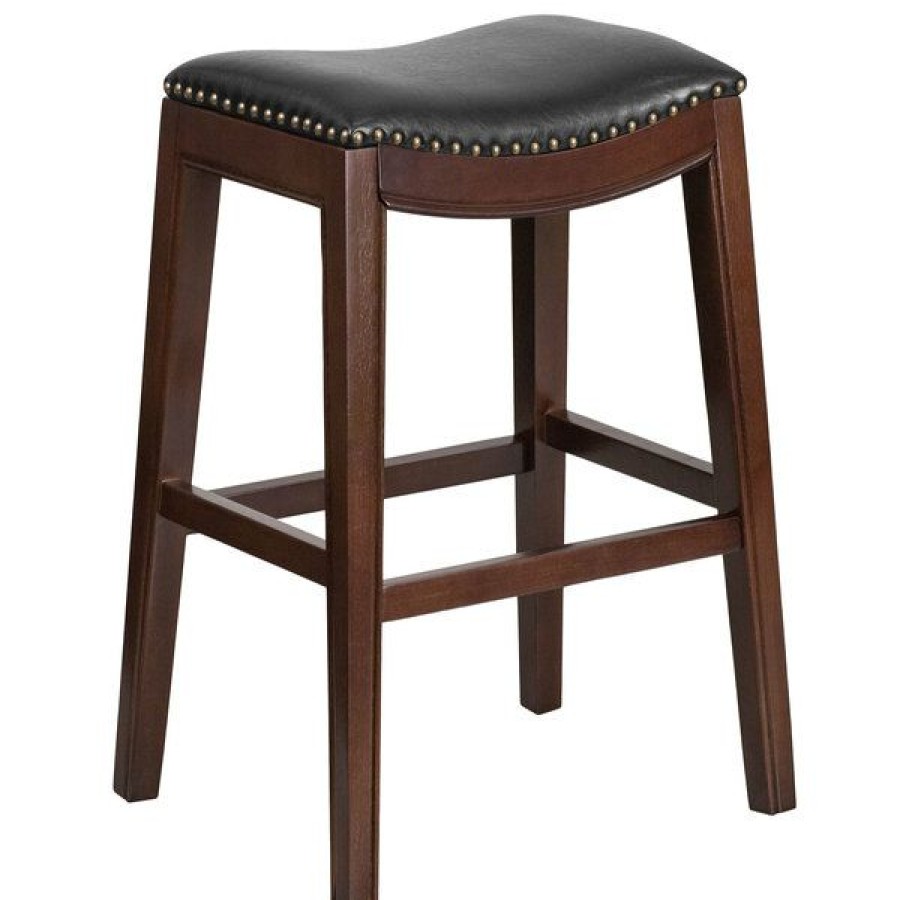 Restaurant Bar Stools * | Best Pirce Flash Furniture Ta-411030-Ca-Gg Cappuccino Wood Bar Height Stool With Black Leather Saddle Seat