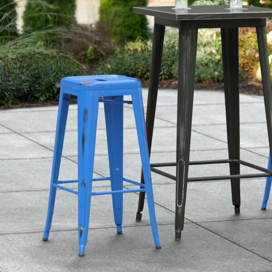 Outdoor Restaurant Bar Stools * | New Lt&S Alloy Series Lancaster Table & Seating Alloy Series Distressed Blue Stackable Metal Indoor / Outdoor Industrial Barstool With Drain Hole Seat