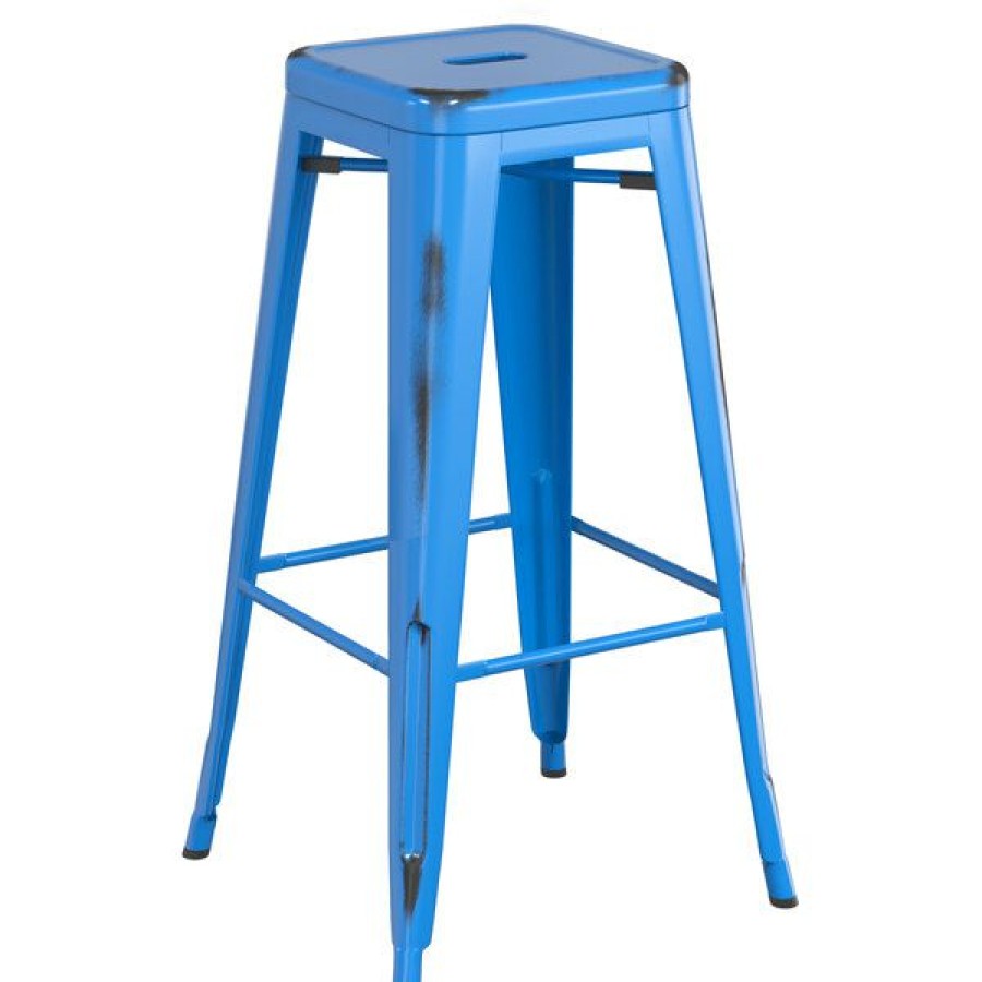 Outdoor Restaurant Bar Stools * | New Lt&S Alloy Series Lancaster Table & Seating Alloy Series Distressed Blue Stackable Metal Indoor / Outdoor Industrial Barstool With Drain Hole Seat