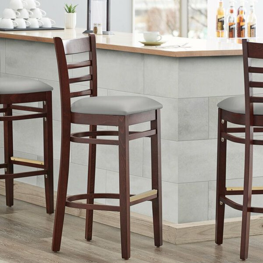 Restaurant Bar Stools * | Discount Lancaster Table & Seating Mahogany Finish Wooden Ladder Back Bar Height Chair With Light Gray Padded Seat