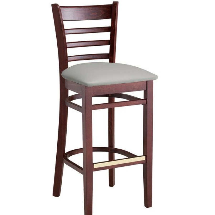 Restaurant Bar Stools * | Discount Lancaster Table & Seating Mahogany Finish Wooden Ladder Back Bar Height Chair With Light Gray Padded Seat