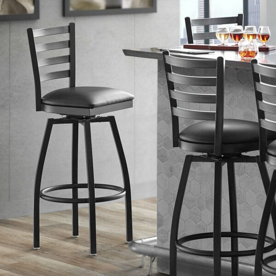 Restaurant Bar Stools * | Cheapest Lancaster Table & Seating Black Top Frame Ladder Back Swivel Bar Height Chair With Black Padded Seat