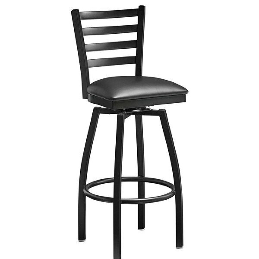 Restaurant Bar Stools * | Cheapest Lancaster Table & Seating Black Top Frame Ladder Back Swivel Bar Height Chair With Black Padded Seat