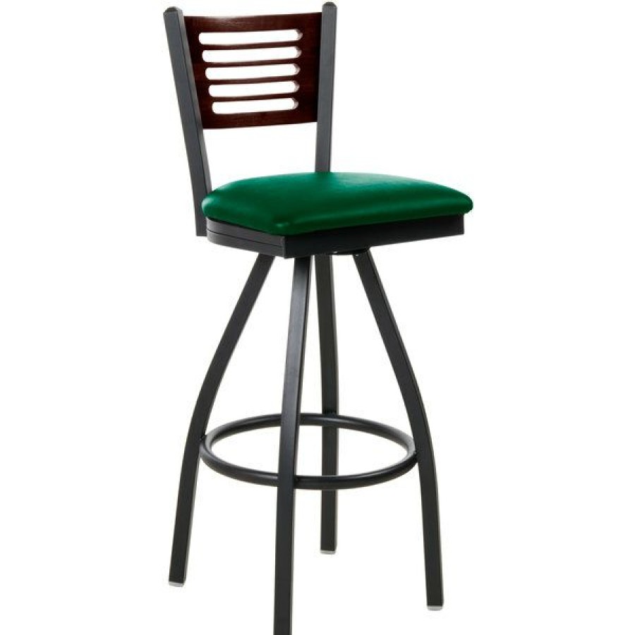 Restaurant Bar Stools * | Brand New Bfm Seating 2151Sgnv-Wasb Espy Sand Black Metal Bar Height Chair With Walnut Wooden Back And 2 Green Vinyl Swivel Seat