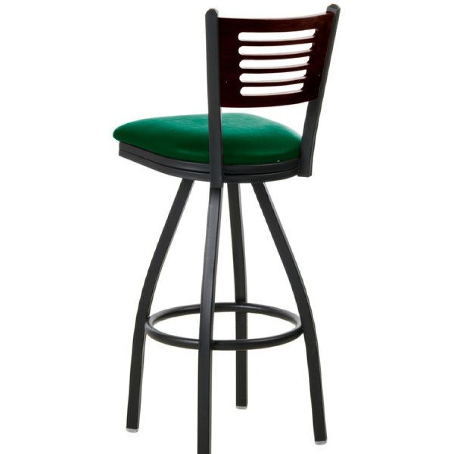 Restaurant Bar Stools * | Brand New Bfm Seating 2151Sgnv-Wasb Espy Sand Black Metal Bar Height Chair With Walnut Wooden Back And 2 Green Vinyl Swivel Seat