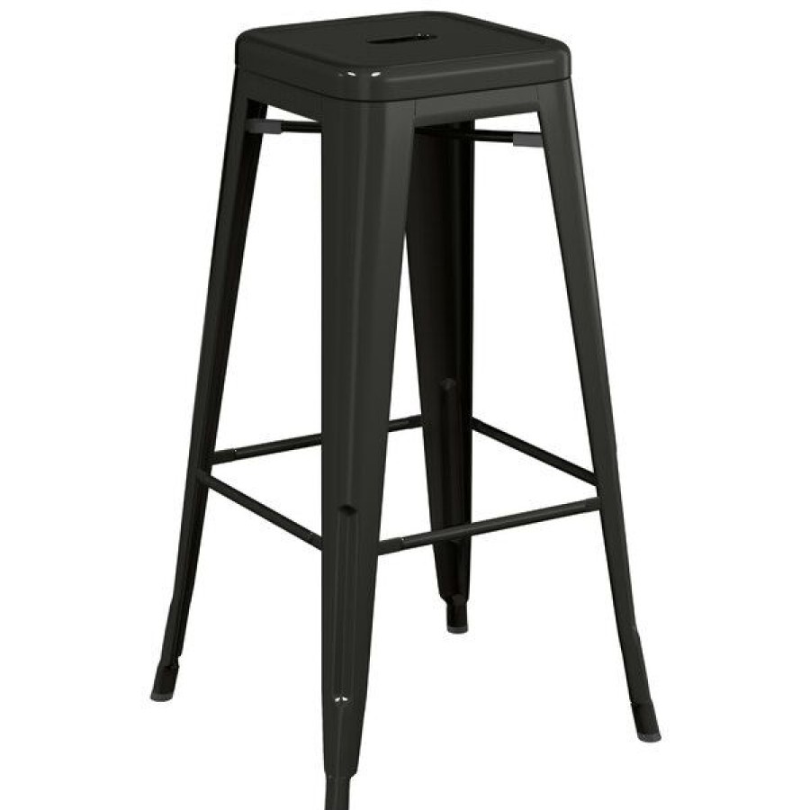 Outdoor Restaurant Bar Stools * | Outlet Lt&S Alloy Series Lancaster Table & Seating Alloy Series Black Stackable Metal Indoor / Outdoor Industrial Barstool With Drain Hole Seat