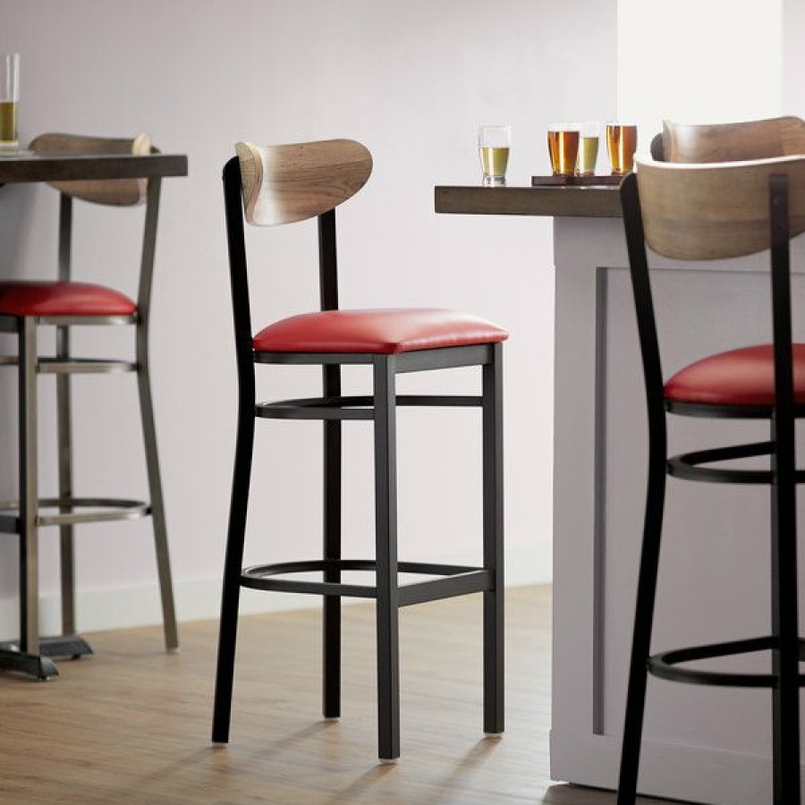 Restaurant Bar Stools * | Top 10 Lt&S Boomerang Series Lancaster Table & Seating Boomerang Bar Height Black Chair With Red Vinyl Seat And Driftwood Back