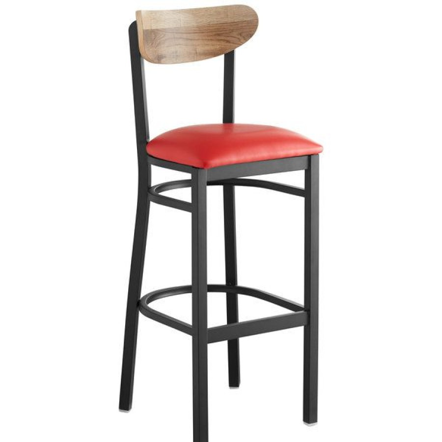 Restaurant Bar Stools * | Top 10 Lt&S Boomerang Series Lancaster Table & Seating Boomerang Bar Height Black Chair With Red Vinyl Seat And Driftwood Back