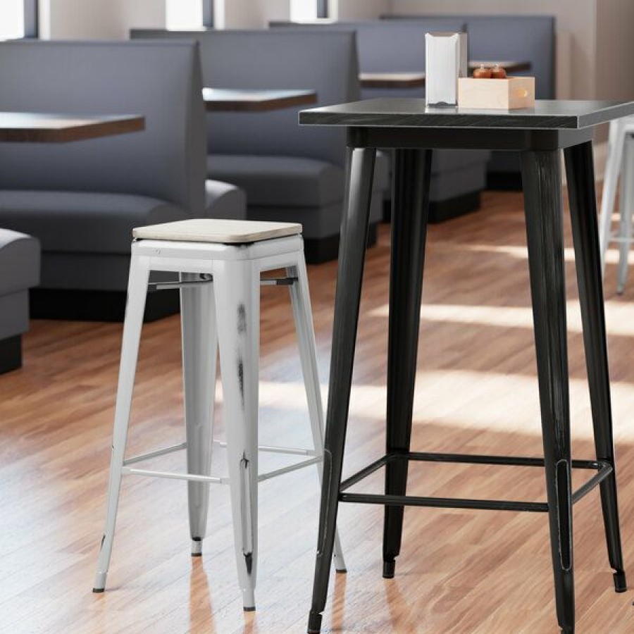 Restaurant Bar Stools * | Best Reviews Of Lt&S Alloy Series Lancaster Table & Seating Alloy Series Distressed Silver Stackable Metal Indoor Industrial Barstool With Gray Wood Seat