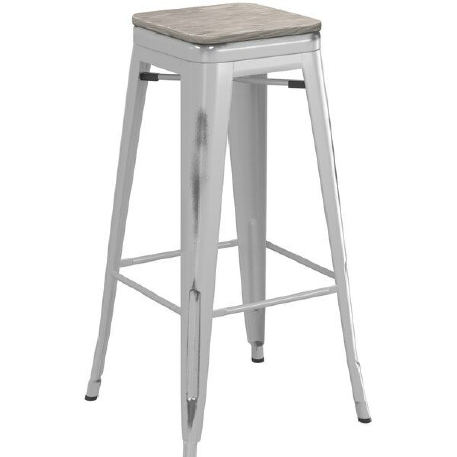 Restaurant Bar Stools * | Best Reviews Of Lt&S Alloy Series Lancaster Table & Seating Alloy Series Distressed Silver Stackable Metal Indoor Industrial Barstool With Gray Wood Seat