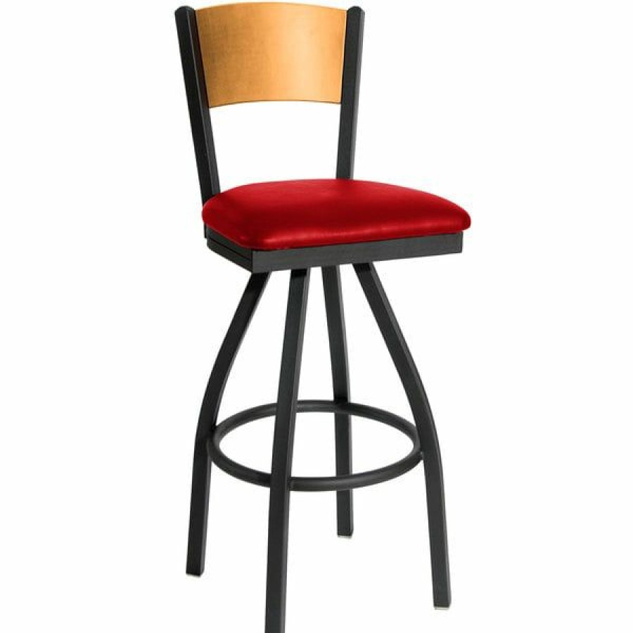 Restaurant Bar Stools * | Outlet Bfm Seating 2150Srdv-Ntsb Dale Sand Black Metal Swivel Bar Height Chair With Natural Finish Wooden Back And 2 Red Vinyl Seat