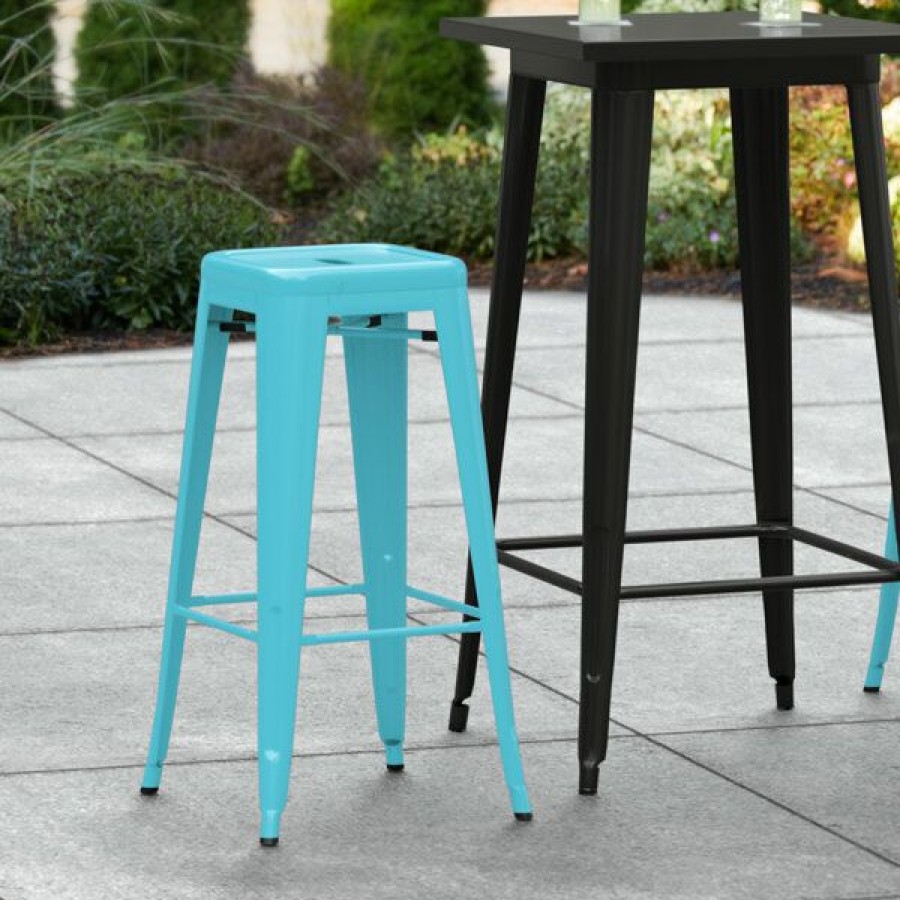 Outdoor Restaurant Bar Stools * | Deals Lt&S Alloy Series Lancaster Table & Seating Alloy Series Arctic Blue Stackable Metal Indoor / Outdoor Industrial Barstool With Drain Hole Seat