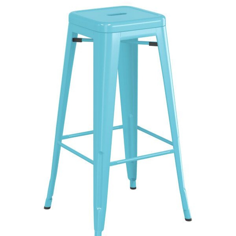 Outdoor Restaurant Bar Stools * | Deals Lt&S Alloy Series Lancaster Table & Seating Alloy Series Arctic Blue Stackable Metal Indoor / Outdoor Industrial Barstool With Drain Hole Seat