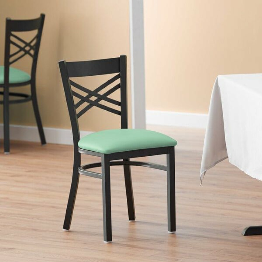 Restaurant Chairs * | Cheap Lancaster Table & Seating Black Cross Back Chair With Seafoam Padded Seat