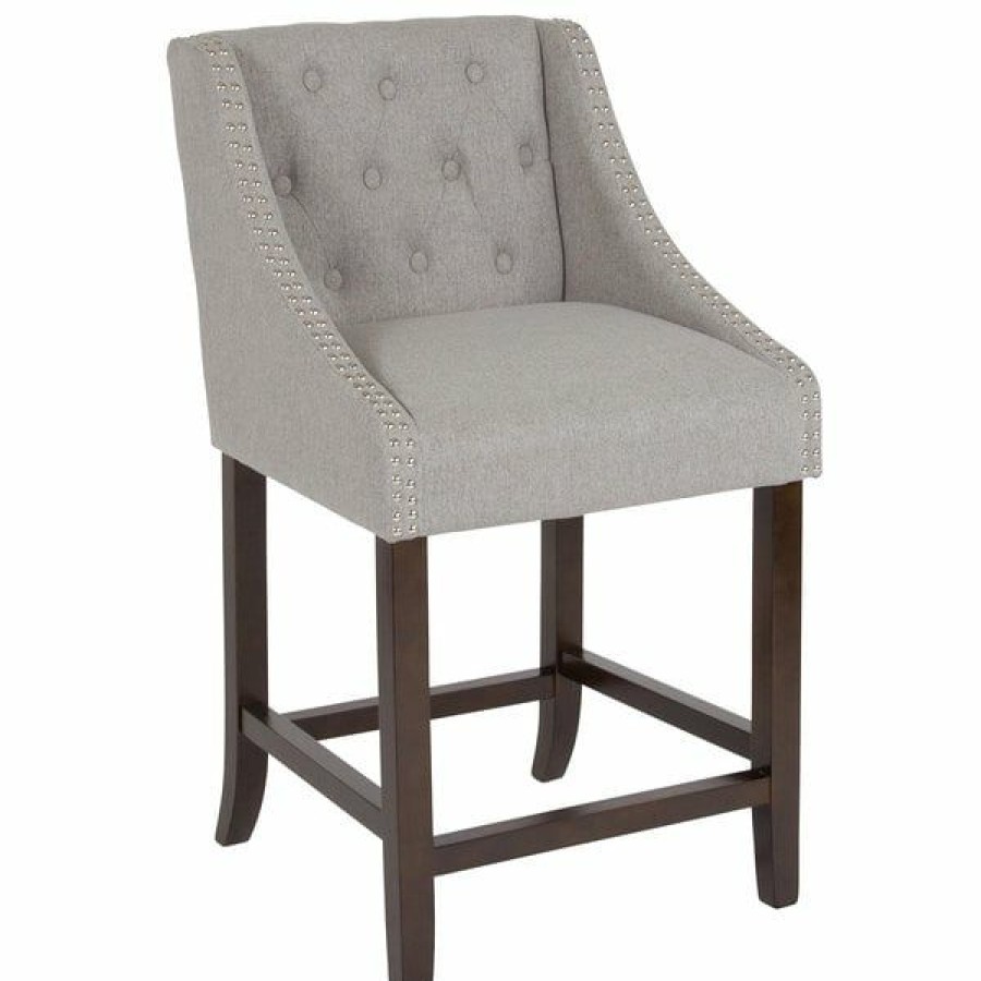 Restaurant Bar Stools * | Hot Sale Flash Furniture Ch-182020-T-24-Ltgy-F-Gg Carmel Series Counter Height Stool In Light Gray Tufted Fabric With Walnut Frame And Nail Trim Accent