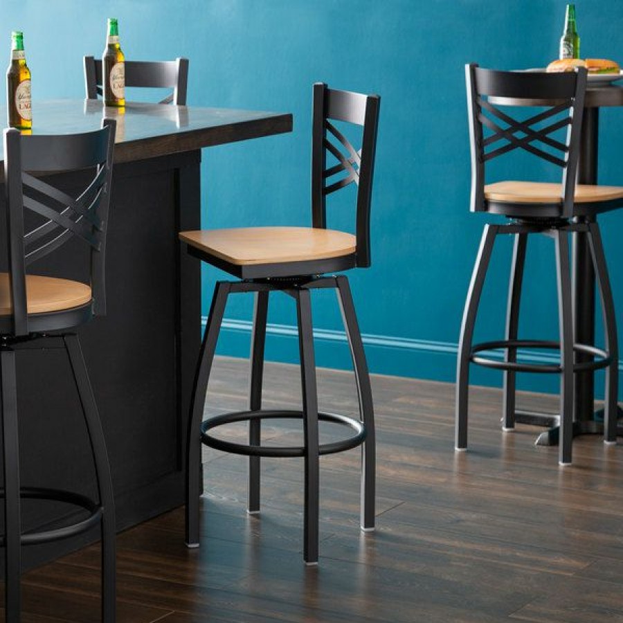 Restaurant Bar Stools * | Wholesale Lancaster Table & Seating Cross Back Bar Height Black Swivel Chair With Natural Wood Seat