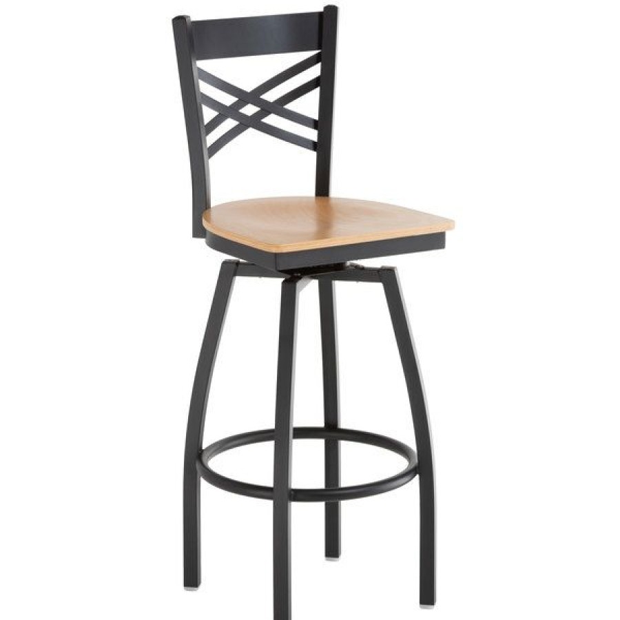 Restaurant Bar Stools * | Wholesale Lancaster Table & Seating Cross Back Bar Height Black Swivel Chair With Natural Wood Seat