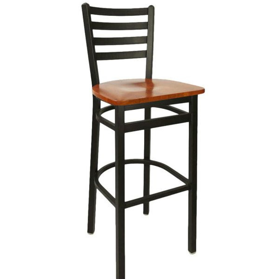 Restaurant Bar Stools * | Deals Bfm Seating 2160Bchw-Sb Lima Metal Ladder Back Barstool With Cherry Wooden Seat