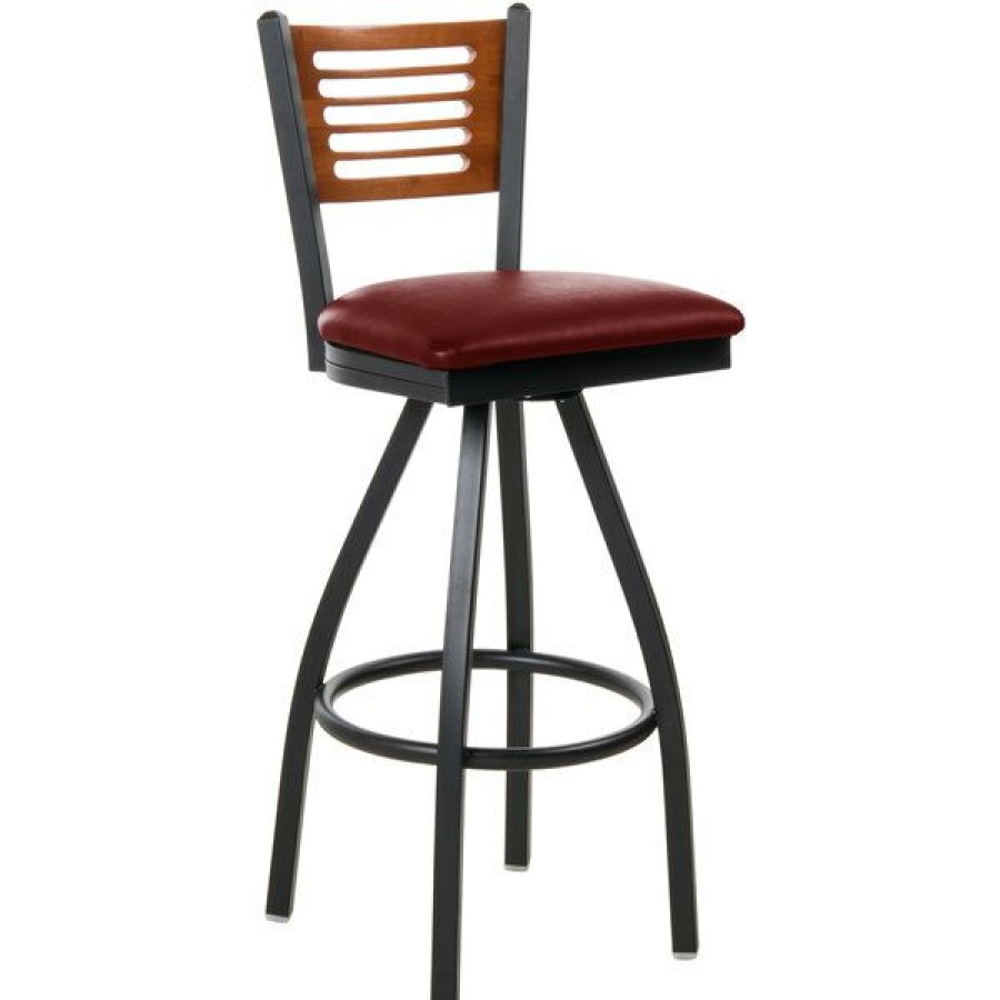 Restaurant Bar Stools * | Best Deal Bfm Seating 2151Sbuv-Chsb Espy Sand Black Metal Bar Height Chair With Cherry Wooden Back And 2 Burgundy Vinyl Swivel Seat