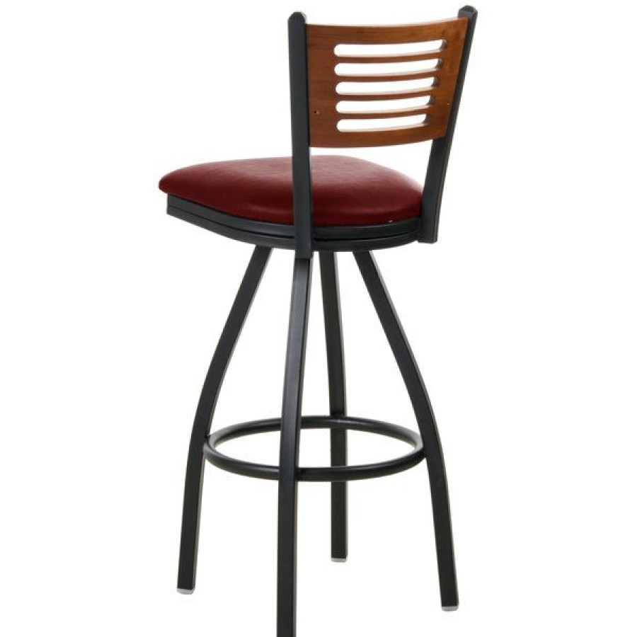 Restaurant Bar Stools * | Best Deal Bfm Seating 2151Sbuv-Chsb Espy Sand Black Metal Bar Height Chair With Cherry Wooden Back And 2 Burgundy Vinyl Swivel Seat