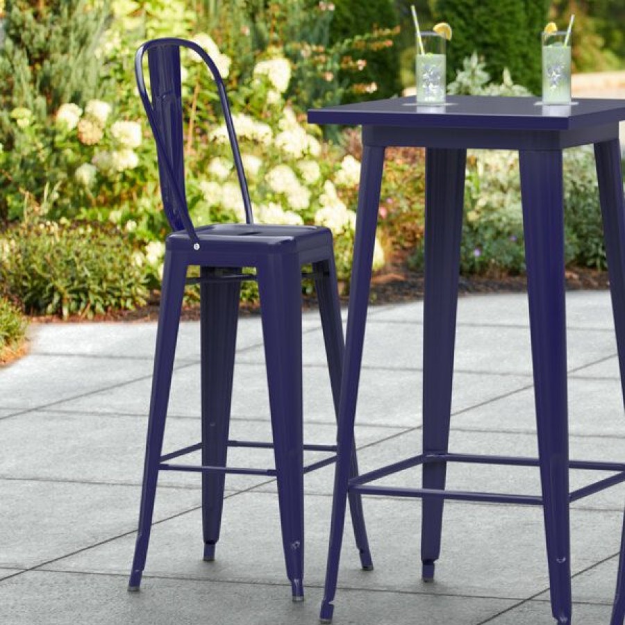 Outdoor Restaurant Bar Stools * | Best Reviews Of Lt&S Alloy Series Lancaster Table & Seating Alloy Series Navy Metal Indoor / Outdoor Industrial Cafe Barstool With Vertical Slat Back And Drain Hole Seat