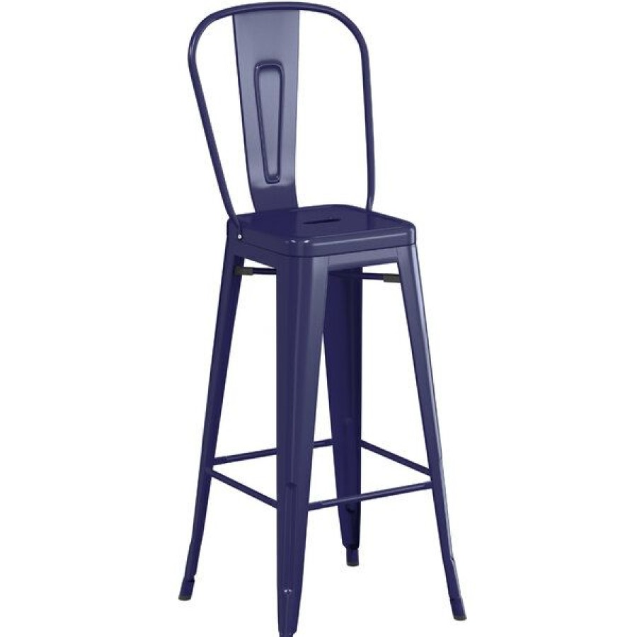 Outdoor Restaurant Bar Stools * | Best Reviews Of Lt&S Alloy Series Lancaster Table & Seating Alloy Series Navy Metal Indoor / Outdoor Industrial Cafe Barstool With Vertical Slat Back And Drain Hole Seat