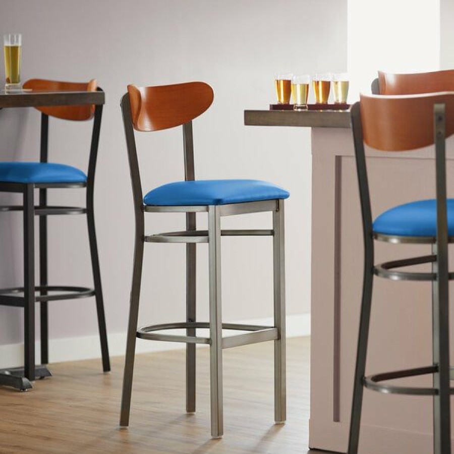 Restaurant Bar Stools * | Promo Lt&S Boomerang Series Lancaster Table & Seating Boomerang Bar Height Clear Coat Chair With Blue Vinyl Seat And Cherry Back