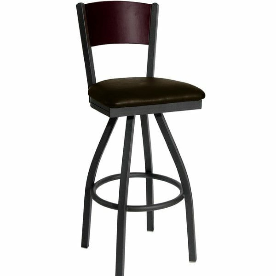 Restaurant Bar Stools * | Budget Bfm Seating 2150Sdbv-Mhsb Dale Sand Black Metal Swivel Bar Height Chair With Mahogany Finish Wooden Back And 2 Dark Brown Vinyl Seat