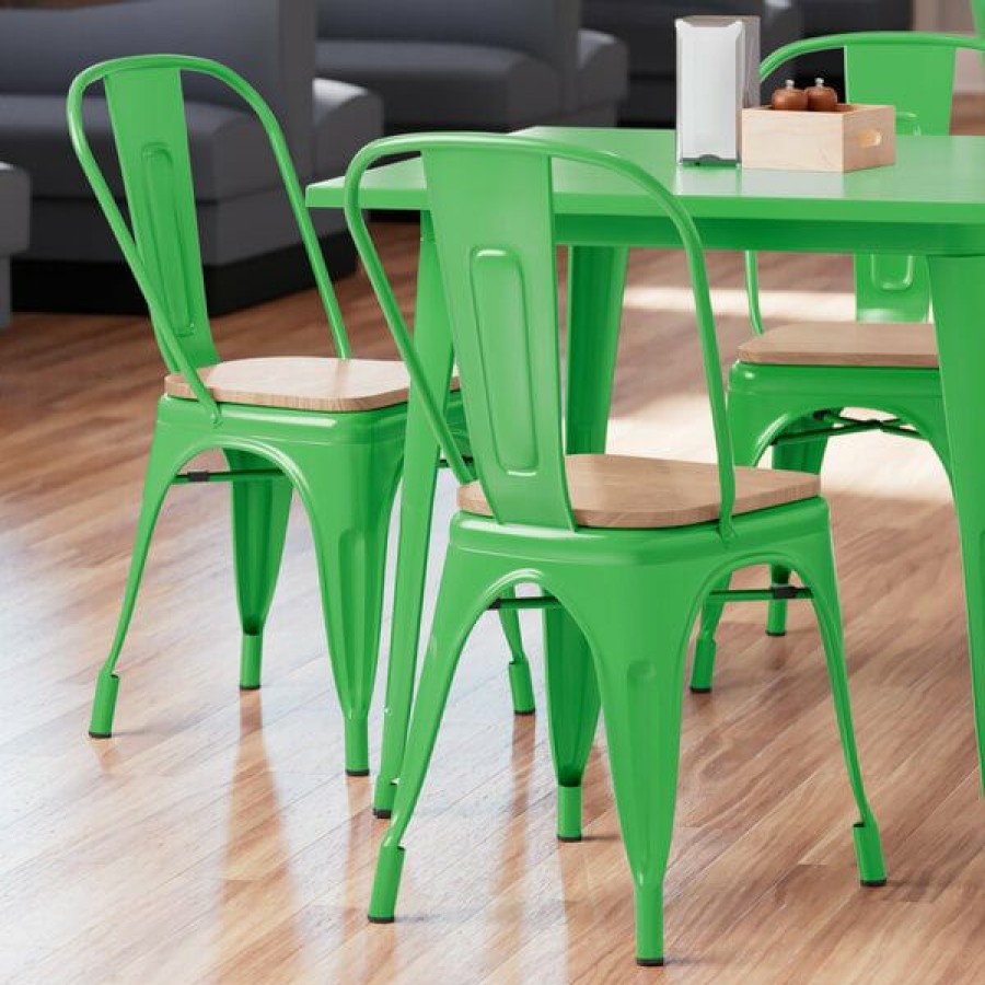 Restaurant Chairs * | Outlet Lt&S Alloy Series Lancaster Table & Seating Alloy Series Green Metal Indoor Industrial Cafe Chair With Vertical Slat Back And Natural Wood Seat