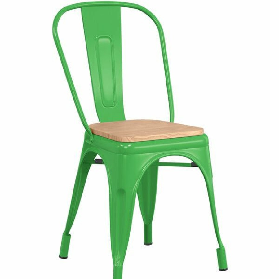 Restaurant Chairs * | Outlet Lt&S Alloy Series Lancaster Table & Seating Alloy Series Green Metal Indoor Industrial Cafe Chair With Vertical Slat Back And Natural Wood Seat