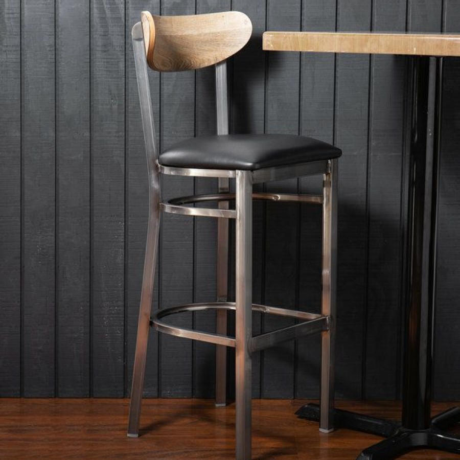 Restaurant Bar Stools * | Wholesale Lt&S Boomerang Series Lancaster Table & Seating Boomerang Bar Height Clear Coat Chair With Black Vinyl Seat And Driftwood Back