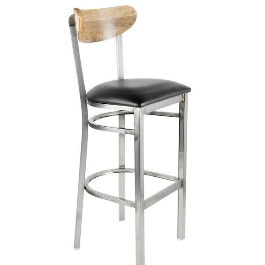 Restaurant Bar Stools * | Wholesale Lt&S Boomerang Series Lancaster Table & Seating Boomerang Bar Height Clear Coat Chair With Black Vinyl Seat And Driftwood Back