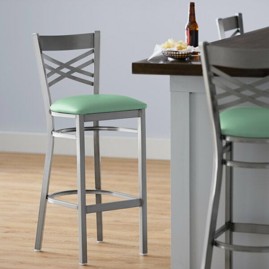 Restaurant Bar Stools * | Promo Lancaster Table & Seating Clear Coat Cross Back Bar Height Chair With Seafoam Padded Seat